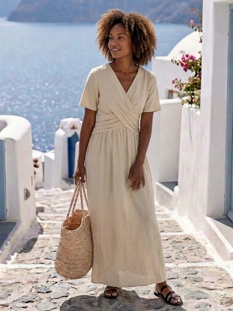 Alvara | Vestido midi de escote en V, manga corta y cintura envolvente