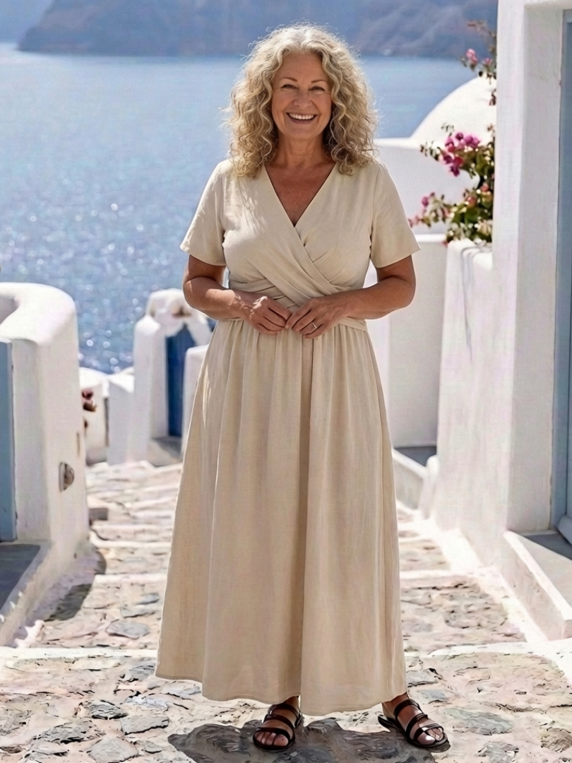 Alvara | Vestido midi de escote en V, manga corta y cintura envolvente