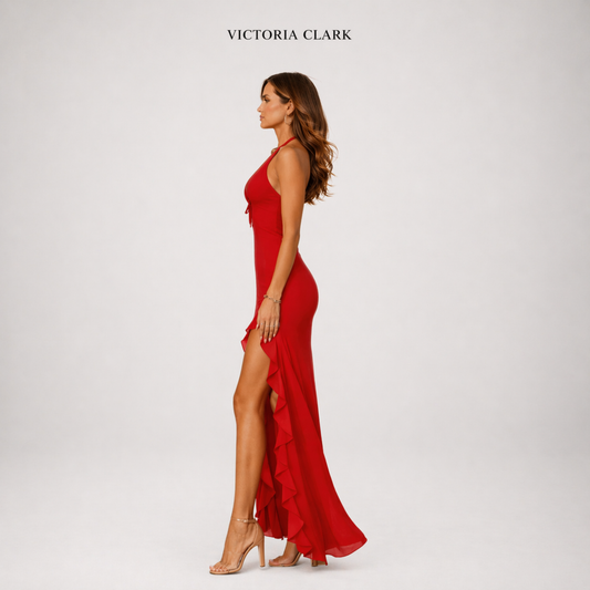 VESTIDO HALTER MIDI CON VOLANTE