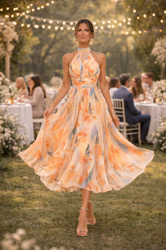 Esther™ | Vestido de Cuello Halter con Estampado de Acuarela