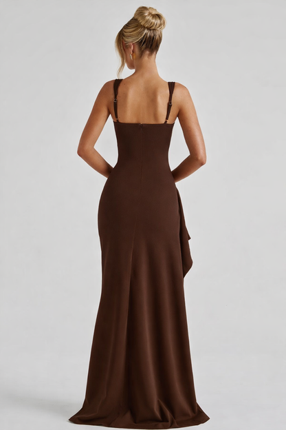 VESTIDO LARGO SATINADO CON ESCOTE CUADRADO Y ABERTURA