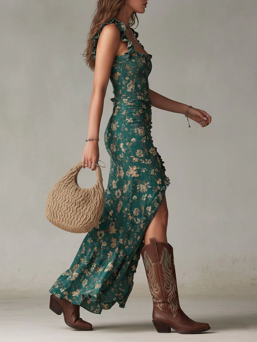 Zara | Vestido maxi boho retro con mangas fluidas y abertura lateral